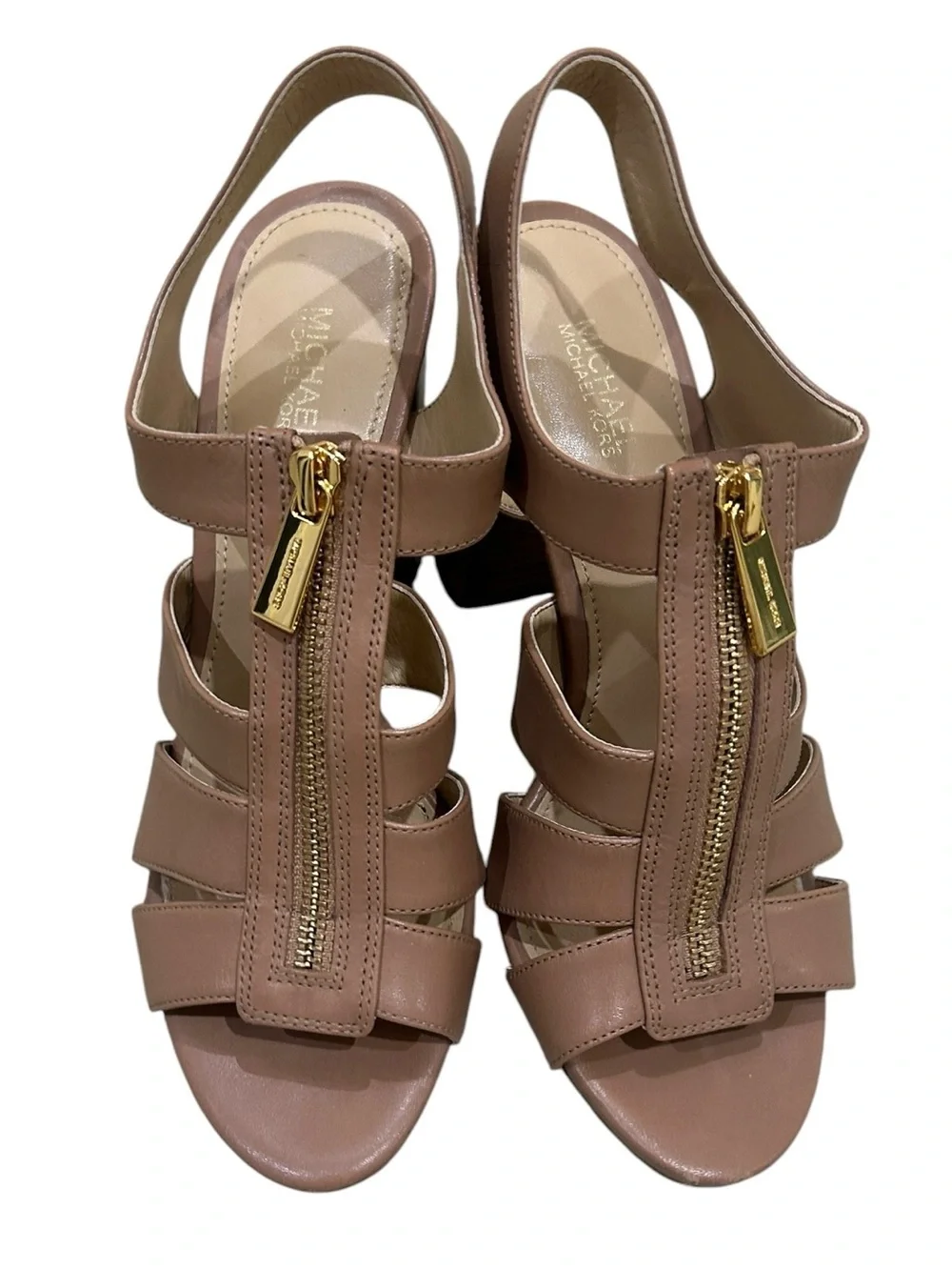 Michael Kors Damita Tan Strappy Block Heel Sandals Gold Zip size 6.5